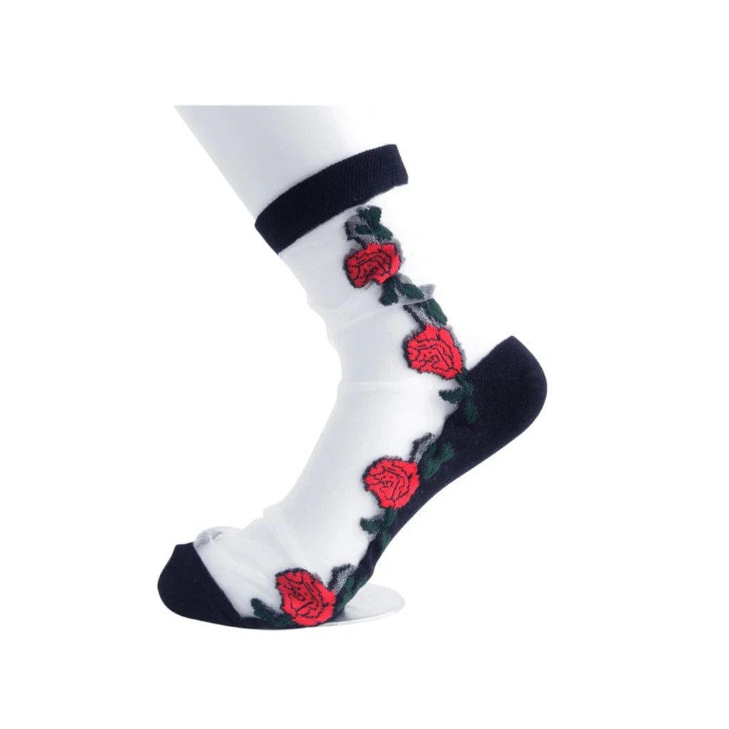 Crew Sock Red Rose Mesh Women's